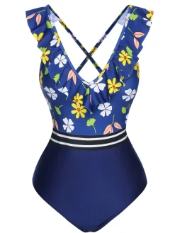 Online Retro Stage 1970s Flowers Patchwork One-Piece Swimsuit Blue