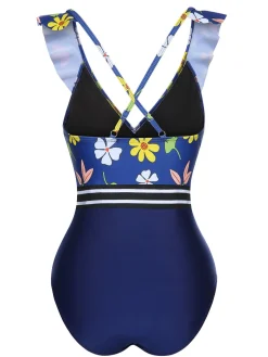 Online Retro Stage 1970s Flowers Patchwork One-Piece Swimsuit Blue