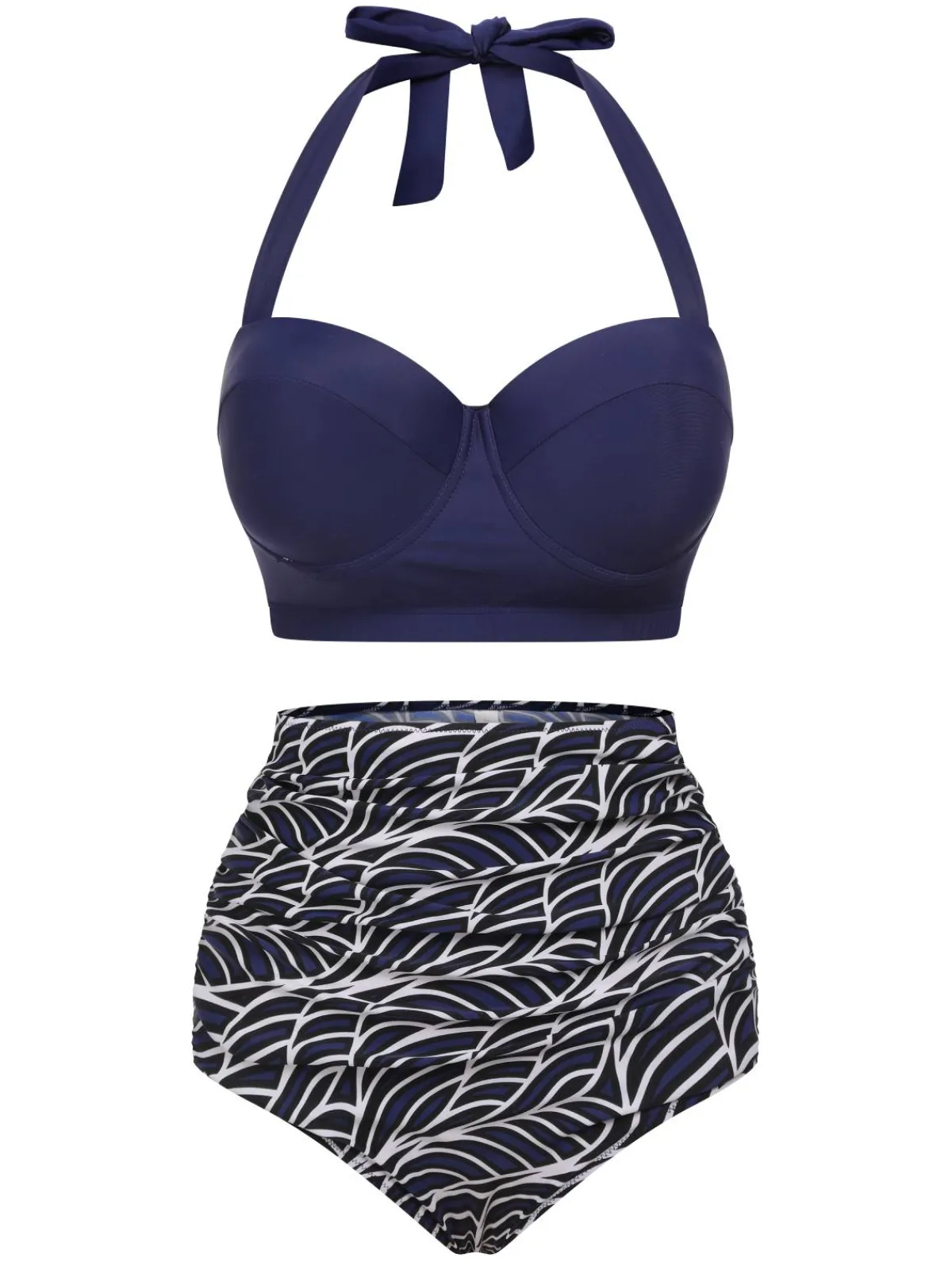 Fashion Retro Stage 1940s Geometry Pleated Halter Swimsuit Blue