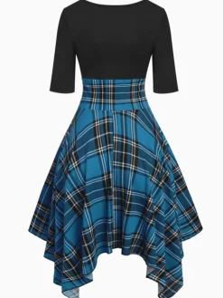 Fashion Retro Stage 1950s Gingham Patchwork Dress Blue
