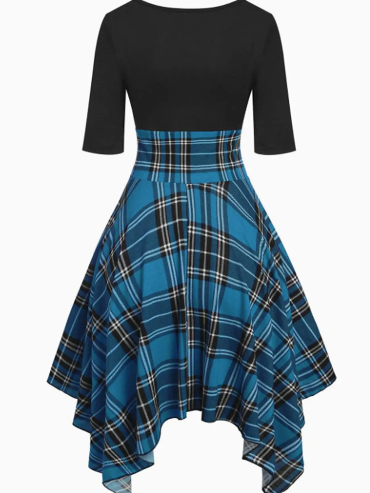 Fashion Retro Stage 1950s Gingham Patchwork Dress Blue