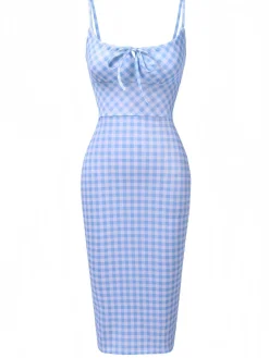 Discount Retro Stage 1960s Gingham Plaid Straps Pencil Dress Blue