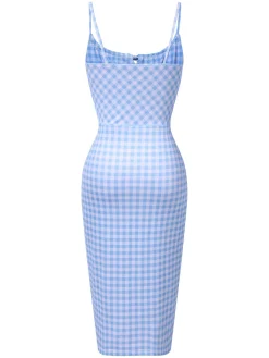 Discount Retro Stage 1960s Gingham Plaid Straps Pencil Dress Blue