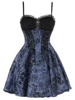Fashion Retro Stage 1980s Gothic Steampunk Floral Print Lace Patchwork Bubble Dress Blue