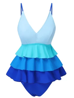 Outlet Retro Stage 1940s Gradient Layered Flare Hem Swimsuit Blue