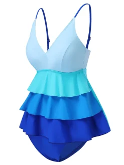 Outlet Retro Stage 1940s Gradient Layered Flare Hem Swimsuit Blue