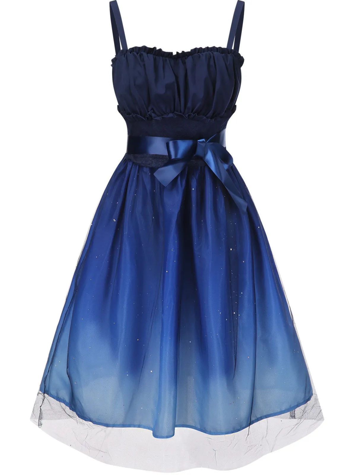 Online Retro Stage 1950s Gradient Mesh Waist Smocked Dress Blue