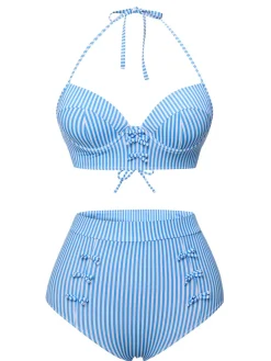 Best Retro Stage 1950s Halter Bow Stripes Swimsuit Blue