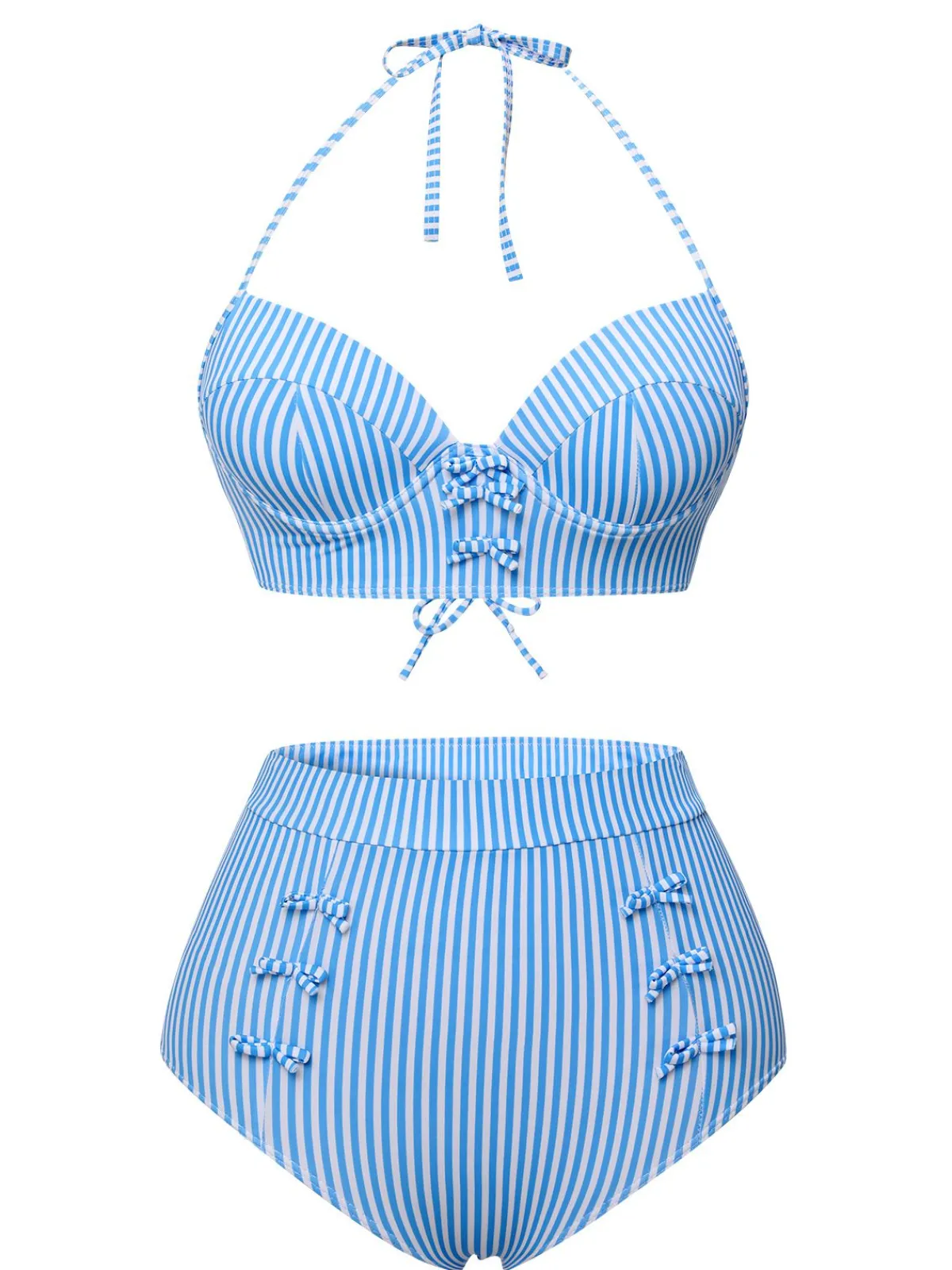 Best Retro Stage 1950s Halter Bow Stripes Swimsuit Blue