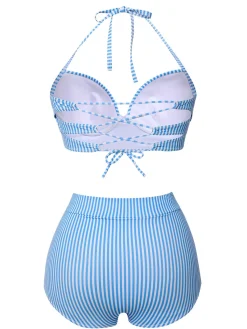 Best Retro Stage 1950s Halter Bow Stripes Swimsuit Blue