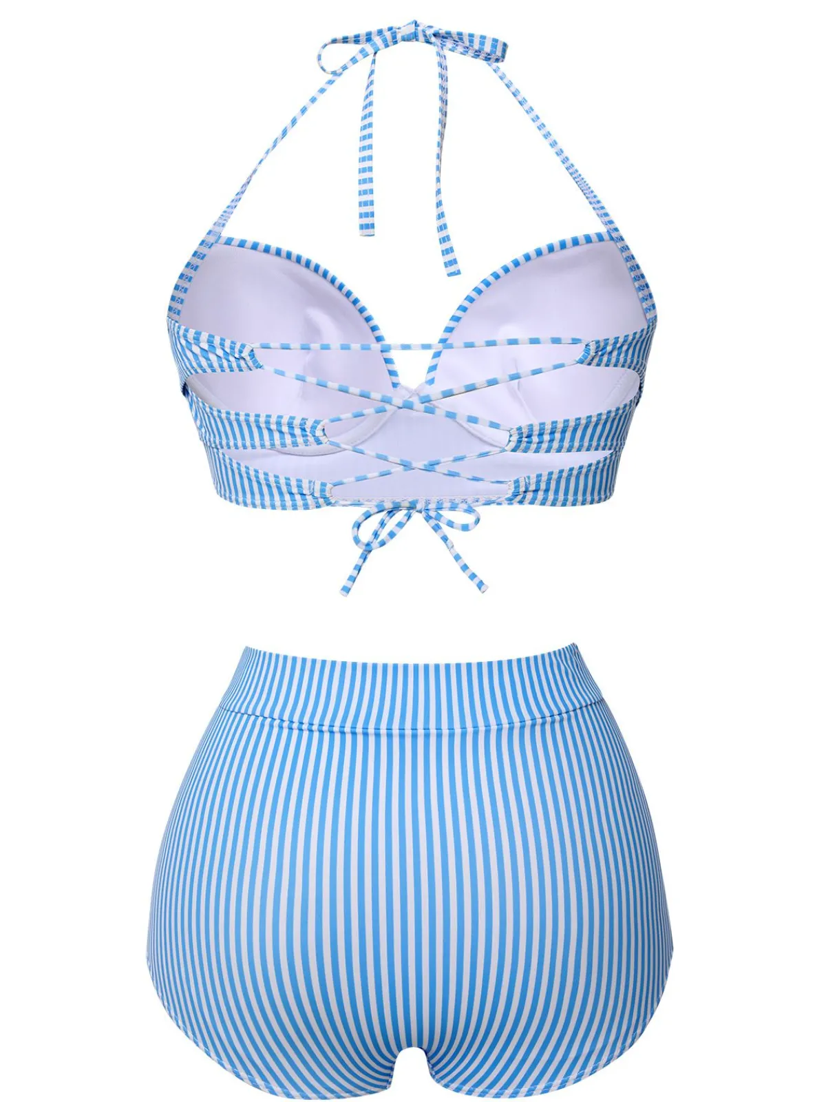Best Retro Stage 1950s Halter Bow Stripes Swimsuit Blue