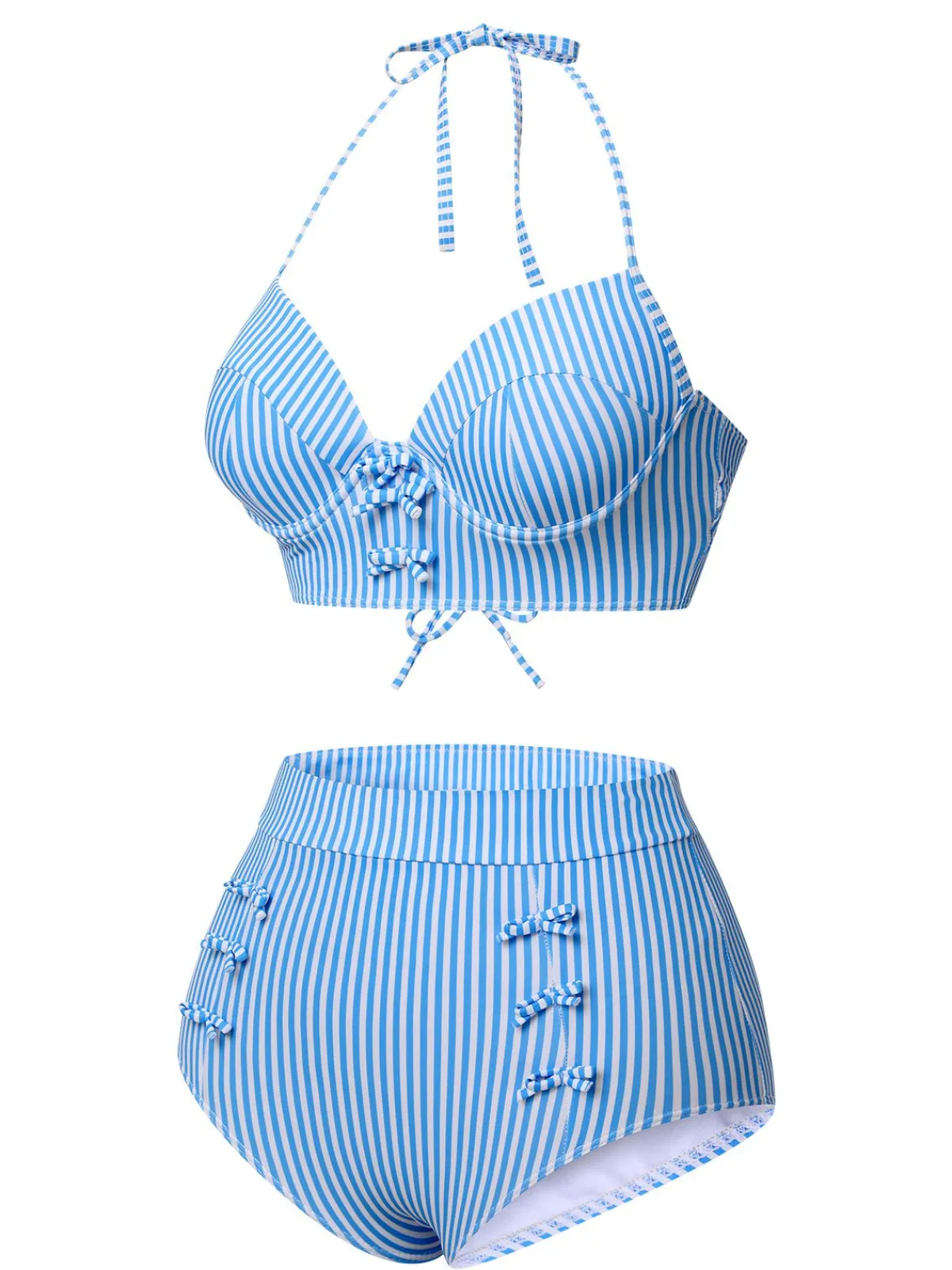Best Retro Stage 1950s Halter Bow Stripes Swimsuit Blue