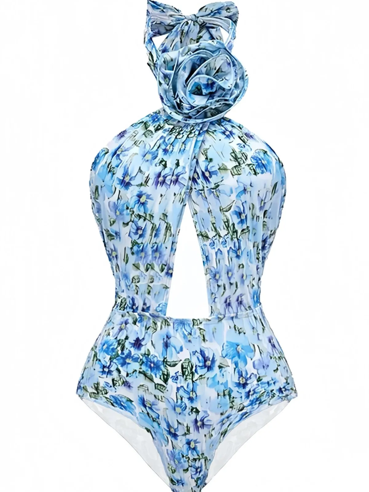 Fashion Retro Stage 1930s Halter Floral Print 3D Rose Swimsuit Blue