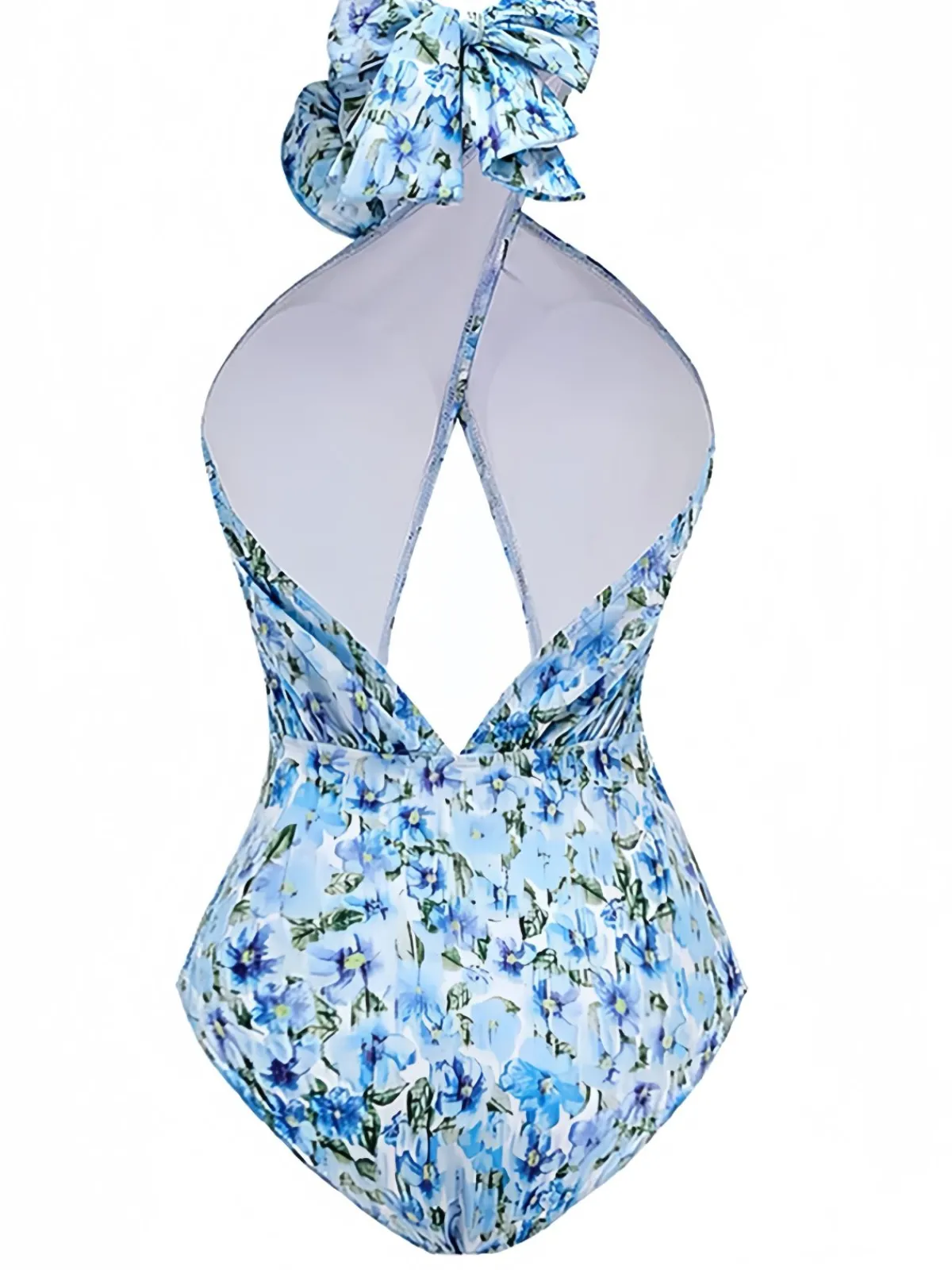 Fashion Retro Stage 1930s Halter Floral Print 3D Rose Swimsuit Blue