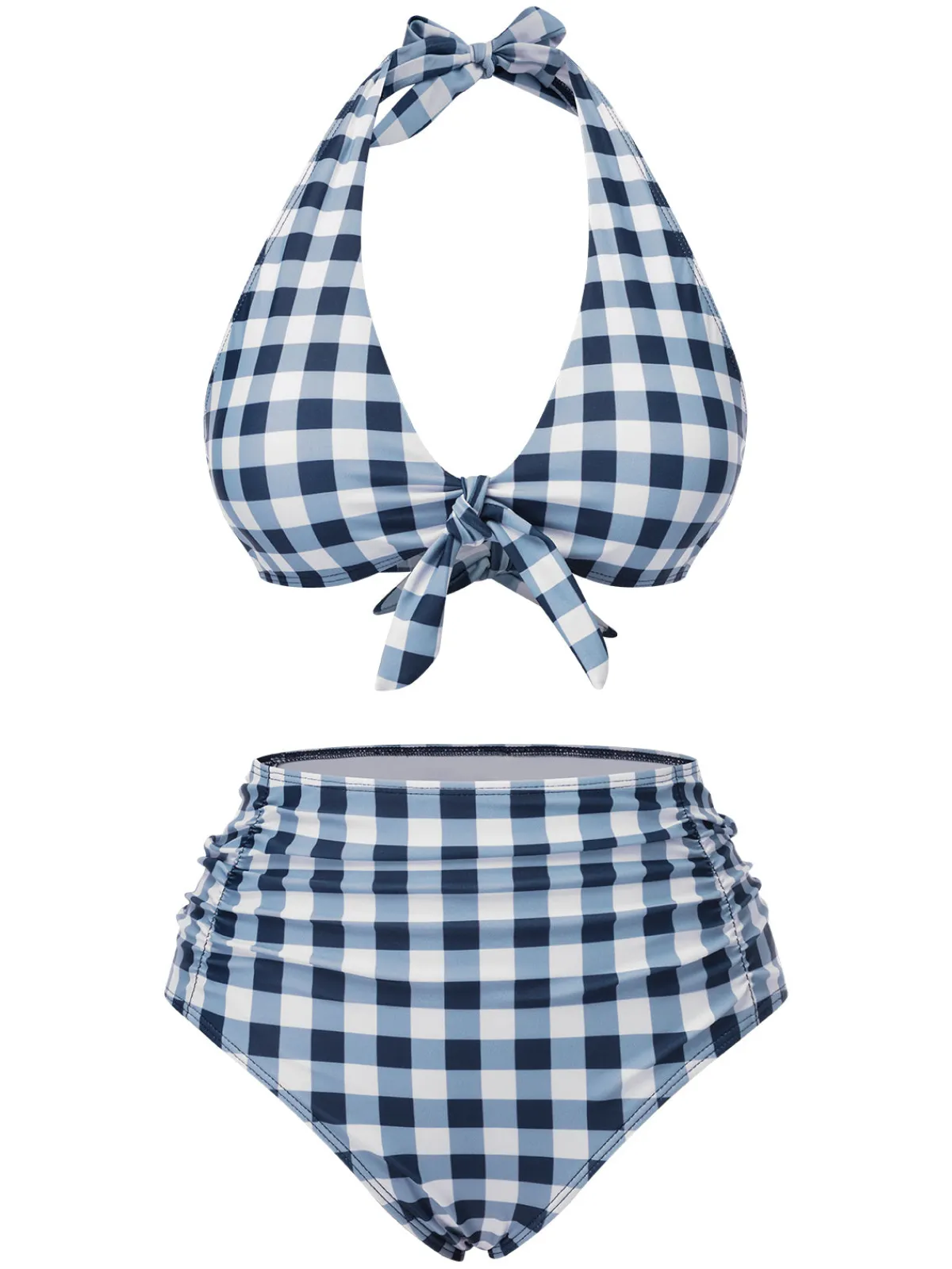 Hot Retro Stage 1950s Halter High-Waist Plaids Swimsuit Blue