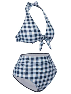 Hot Retro Stage 1950s Halter High-Waist Plaids Swimsuit Blue