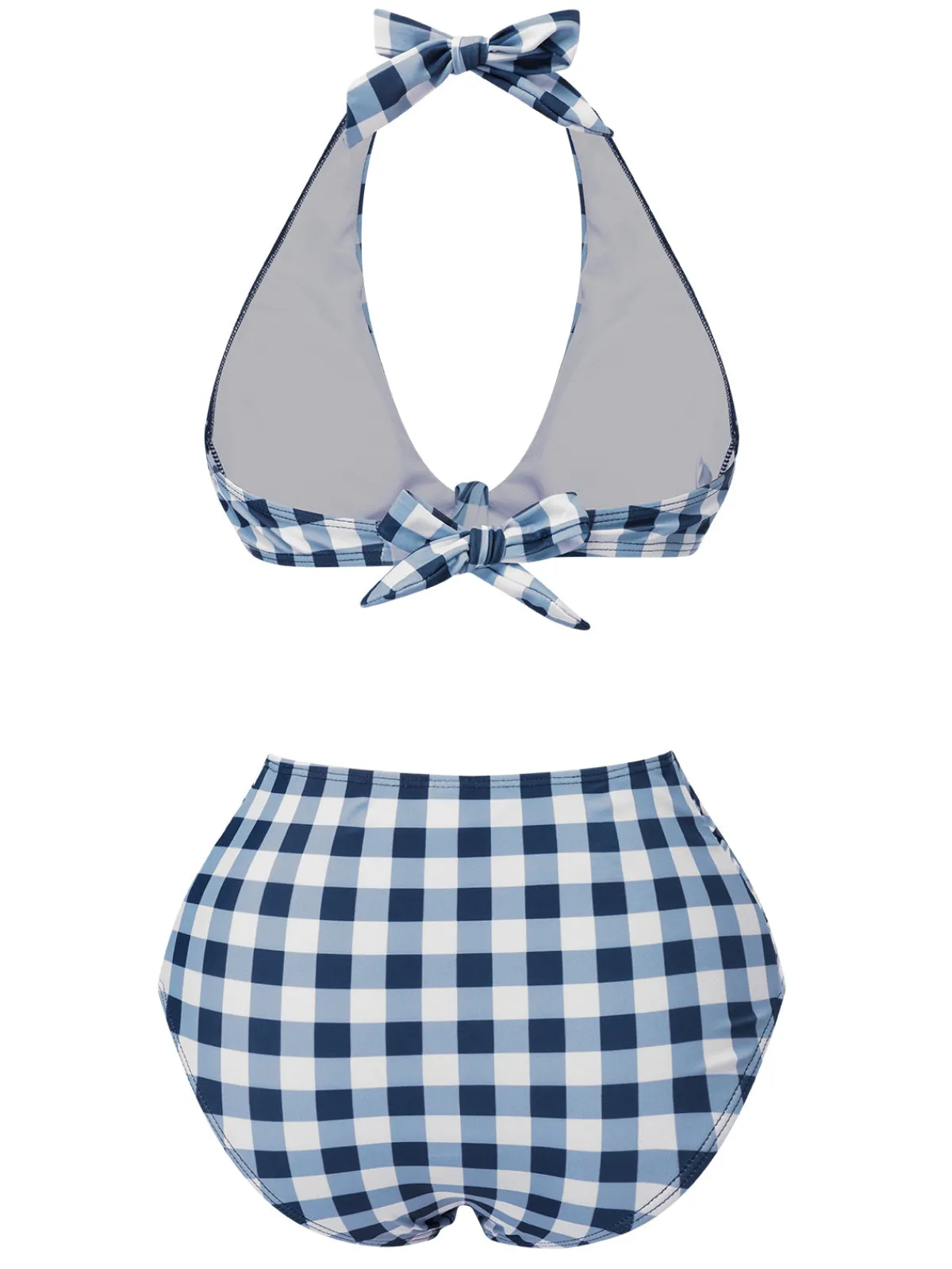Hot Retro Stage 1950s Halter High-Waist Plaids Swimsuit Blue