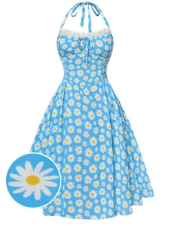 Outlet Retro Stage 1950s Halter Lace Daisy Dress Blue