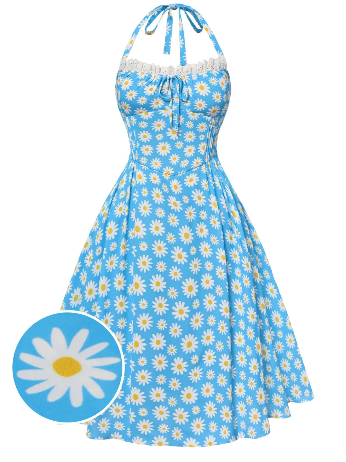 Outlet Retro Stage 1950s Halter Lace Daisy Dress Blue