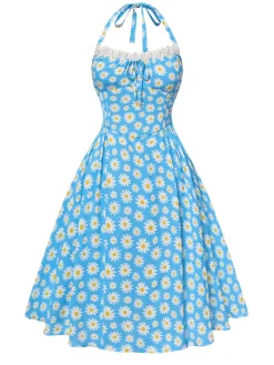 Outlet Retro Stage 1950s Halter Lace Daisy Dress Blue
