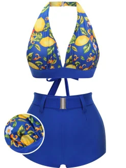 Online Retro Stage 1930s Halter Lemon Belted Swimsuit Blue