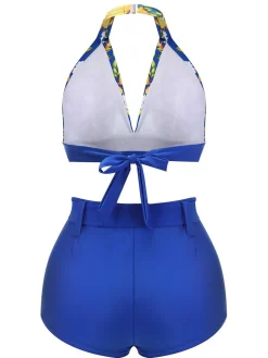 Online Retro Stage 1930s Halter Lemon Belted Swimsuit Blue