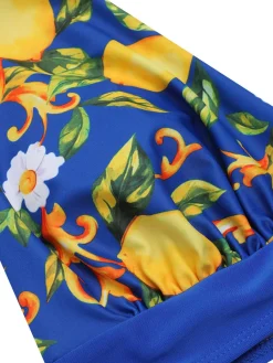 Online Retro Stage 1930s Halter Lemon Belted Swimsuit Blue