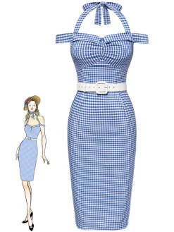 Hot Retro Stage 1960s Halter Off-Shoulder Plaid Pencil Dress Blue