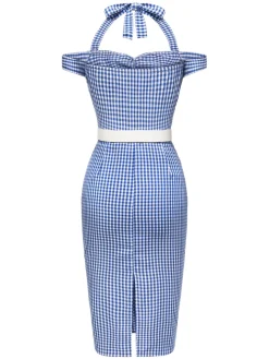 Hot Retro Stage 1960s Halter Off-Shoulder Plaid Pencil Dress Blue