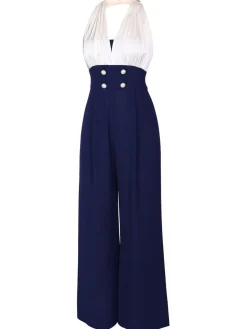 Fashion Retro Stage 1930s Halter Patchwork Jumpsuit Blue