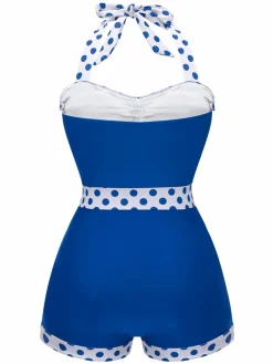 Sale Retro Stage Blue 1940s Halter Patchwork One-piece Swimsuit