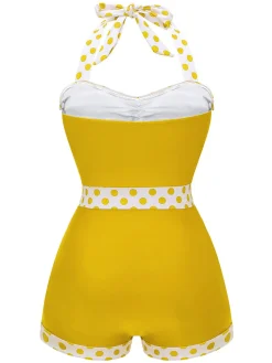 Sale Retro Stage Blue 1940s Halter Patchwork One-piece Swimsuit