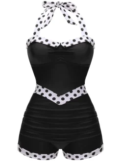 Sale Retro Stage Blue 1940s Halter Patchwork One-piece Swimsuit