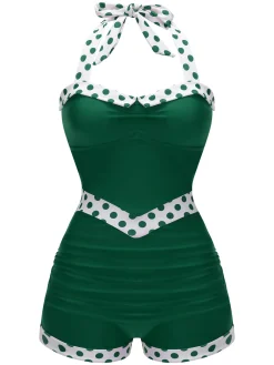 Sale Retro Stage Blue 1940s Halter Patchwork One-piece Swimsuit