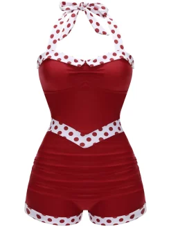 Sale Retro Stage Blue 1940s Halter Patchwork One-piece Swimsuit