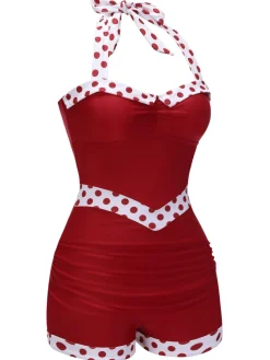 Sale Retro Stage Blue 1940s Halter Patchwork One-piece Swimsuit