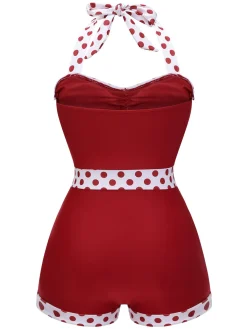 Sale Retro Stage Blue 1940s Halter Patchwork One-piece Swimsuit