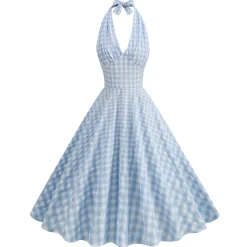 Discount Retro Stage 1950s Halter Plaid Swing Dress Blue