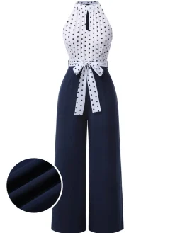 Online Retro Stage 1940s Halter Polka Dot Jumpsuit Blue