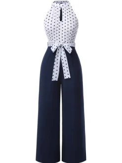 Online Retro Stage 1940s Halter Polka Dot Jumpsuit Blue
