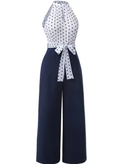 Online Retro Stage 1940s Halter Polka Dot Jumpsuit Blue
