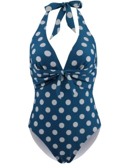 New Retro Stage 1940s Halter Polka Dot One-Piece Swimsuit Blue
