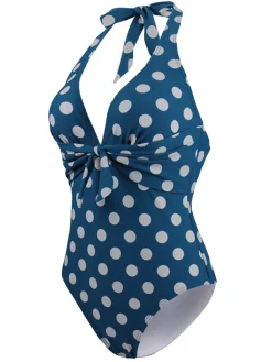 New Retro Stage 1940s Halter Polka Dot One-Piece Swimsuit Blue
