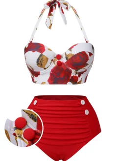 Sale Retro Stage Blue 1960s Halter Roses Swimsuit