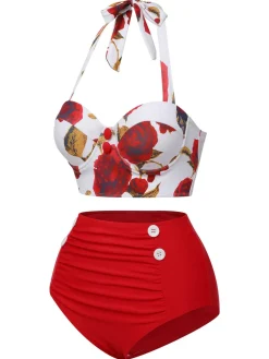 Sale Retro Stage Blue 1960s Halter Roses Swimsuit