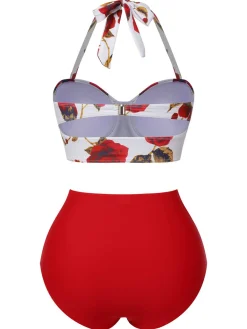 Sale Retro Stage Blue 1960s Halter Roses Swimsuit