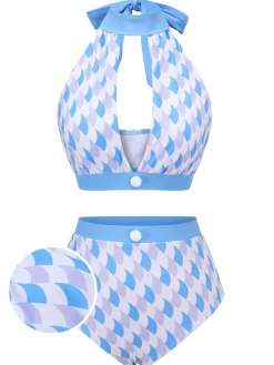 Discount Retro Stage 1940s Hole Collar Halter Swimsuit Blue