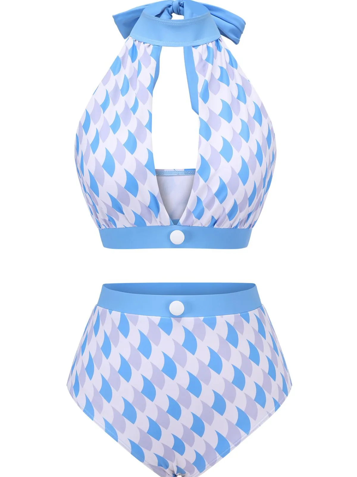 Discount Retro Stage 1940s Hole Collar Halter Swimsuit Blue