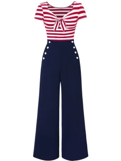 Hot Retro Stage Blue 1950s Hollow Bow Stripe Patchwork Jumpsuit