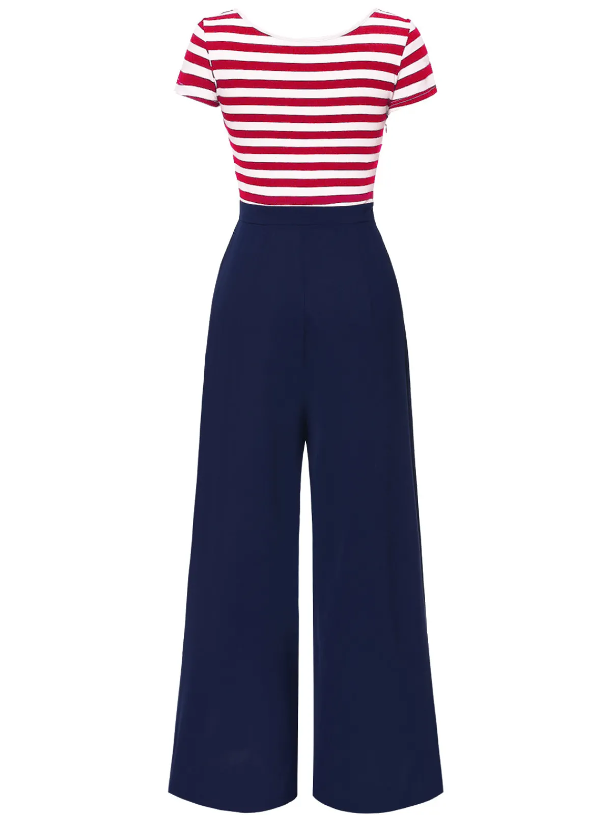 Hot Retro Stage Blue 1950s Hollow Bow Stripe Patchwork Jumpsuit